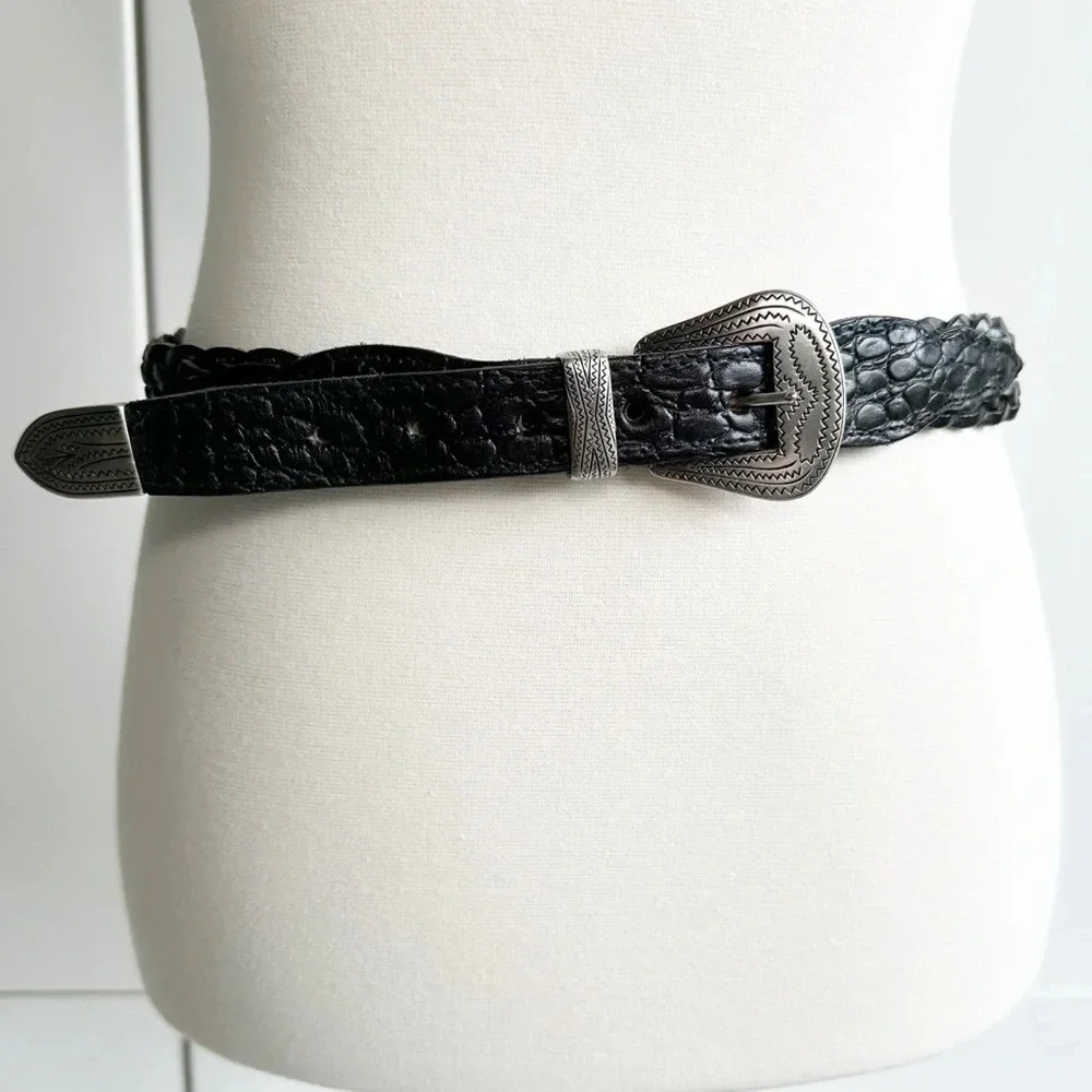 Vintage Crocodile, Woven Leather Belt Black Silver Decorative Buckle